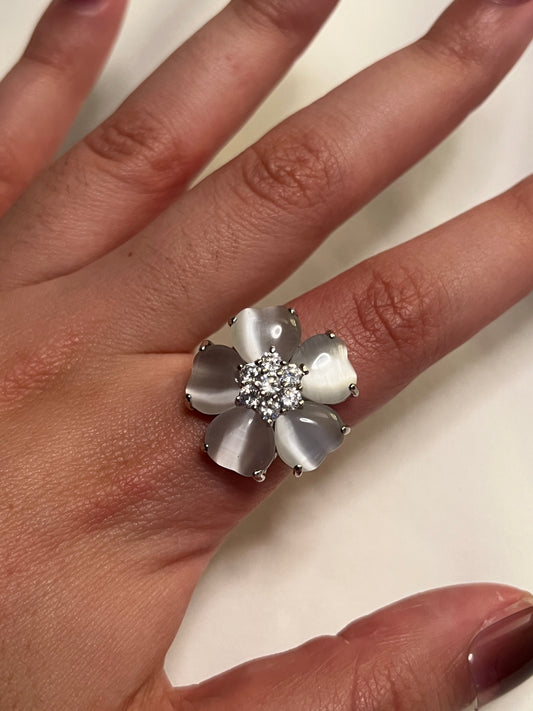 White Cats Eye Floral Ring