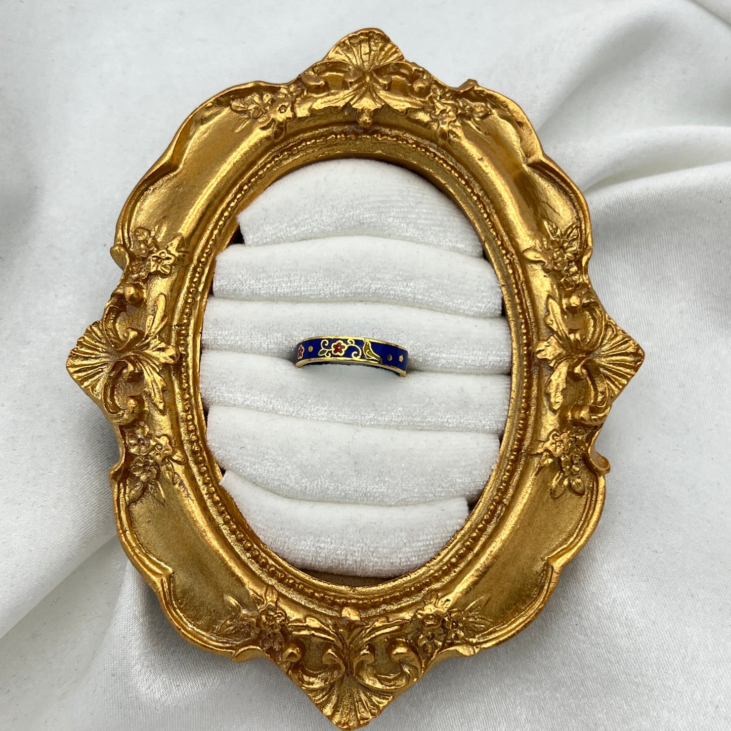 Blue Floral & Bird Enamel Cloisonné Ring