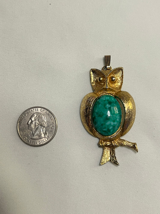 Owl Pendant with Green Speckled Cabochon Belly