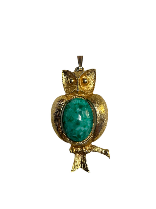 Owl Pendant with Green Speckled Cabochon Belly